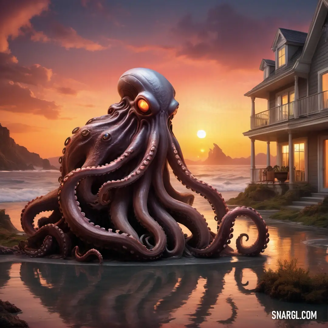 A giant octopus looms over the water, its tentacles reaching out, while a house rests nearby. A giant eyeball is held in the octopus' mouth, and the sunset casts an eerie glow over the scene, with soft CMYK 0,0,68,0 hues enhancing the atmosphere.