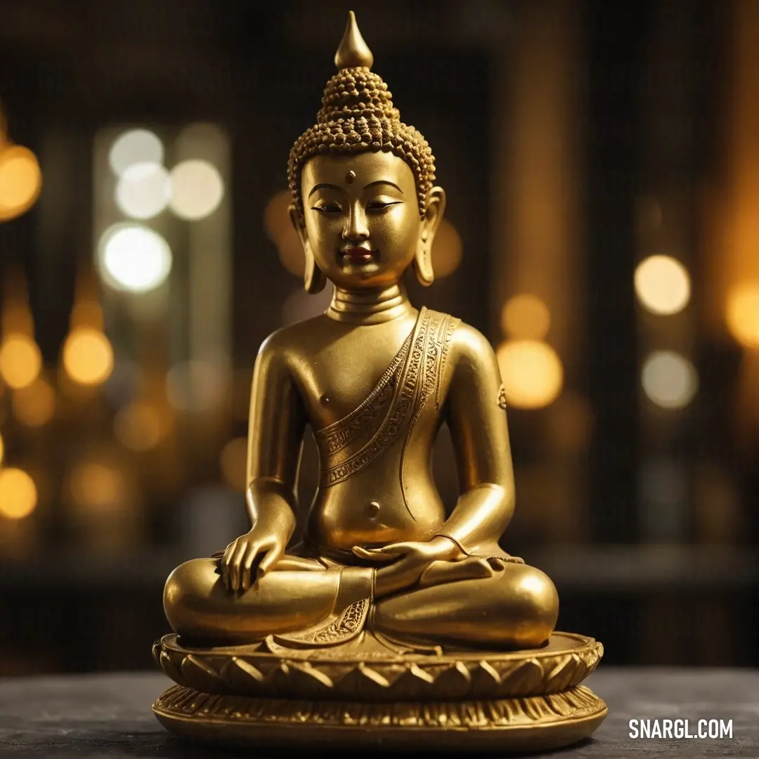 An exquisite golden Buddha statue resting atop a table, illuminated by soft lights in the background, creating a serene and spiritual ambiance that captivates the soul.