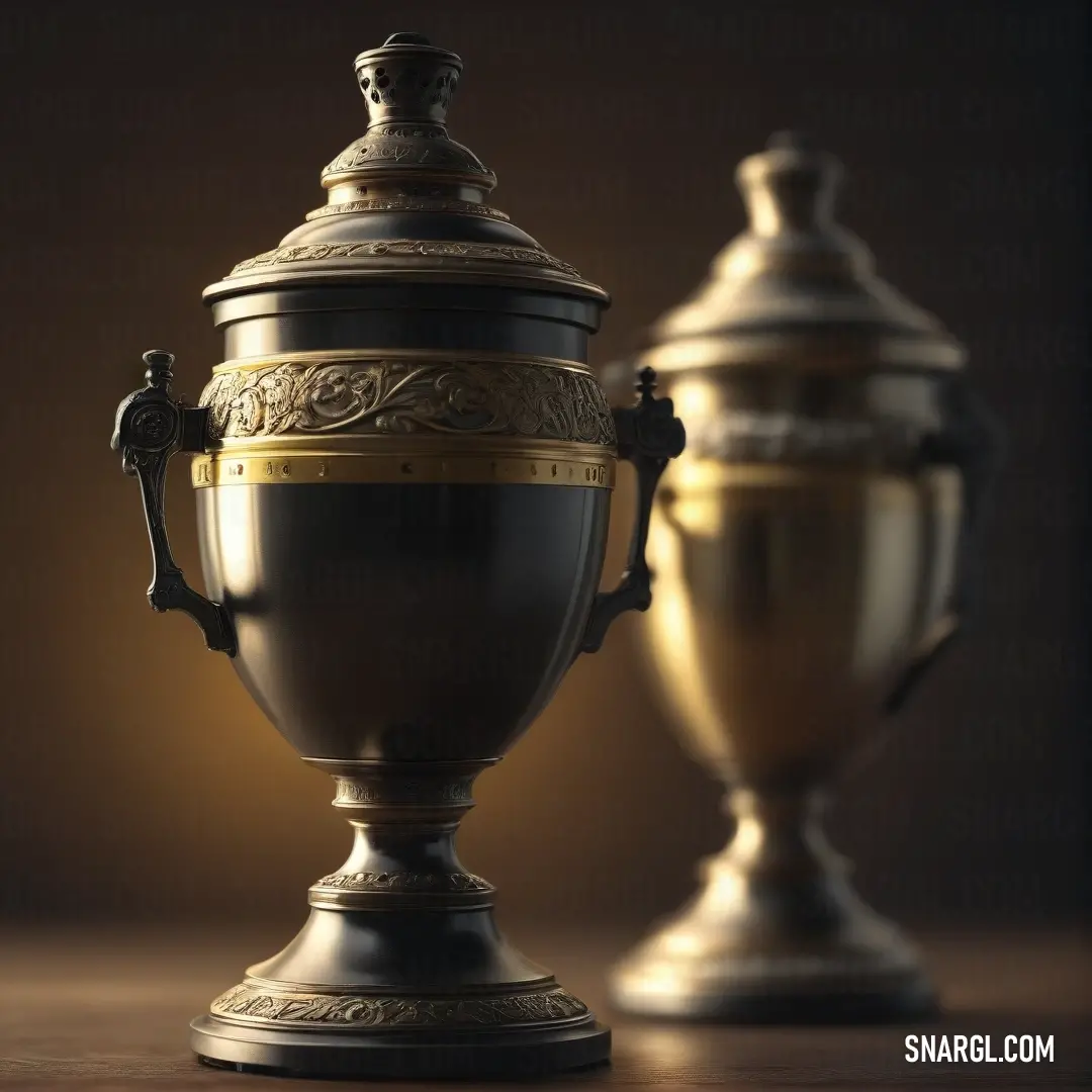 A striking golden trophy paired with an elegant black trophy rests on a polished table, surrounded by a rich brown background that adds depth and warmth. Together, they symbolize achievement and excellence.