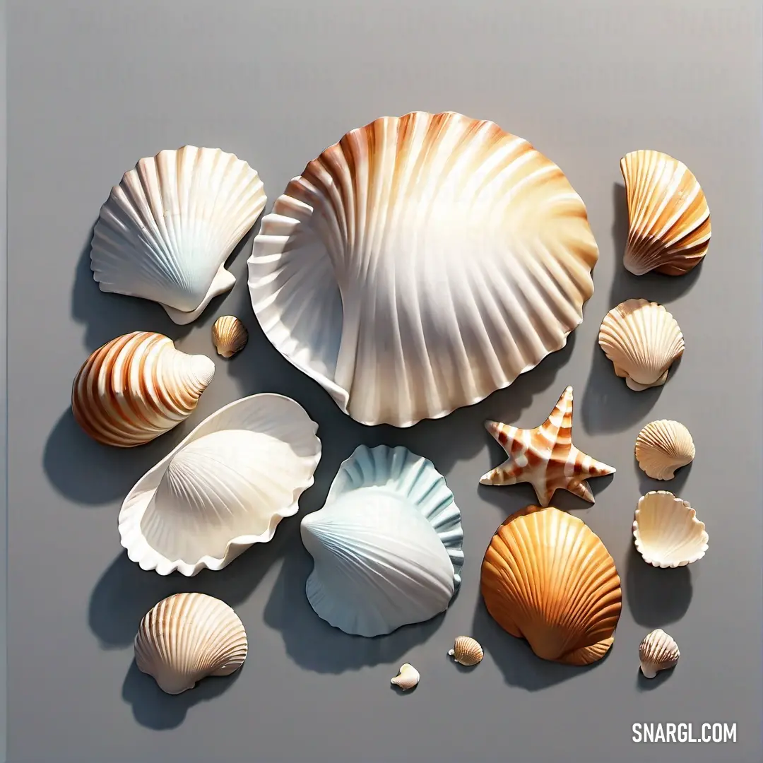 An enchanting assortment of seashells and starfish elegantly arranged on a muted gray surface, casting soft shadows that enhance their natural textures. The calming palette evokes a coastal vibe and a sense of tranquility.