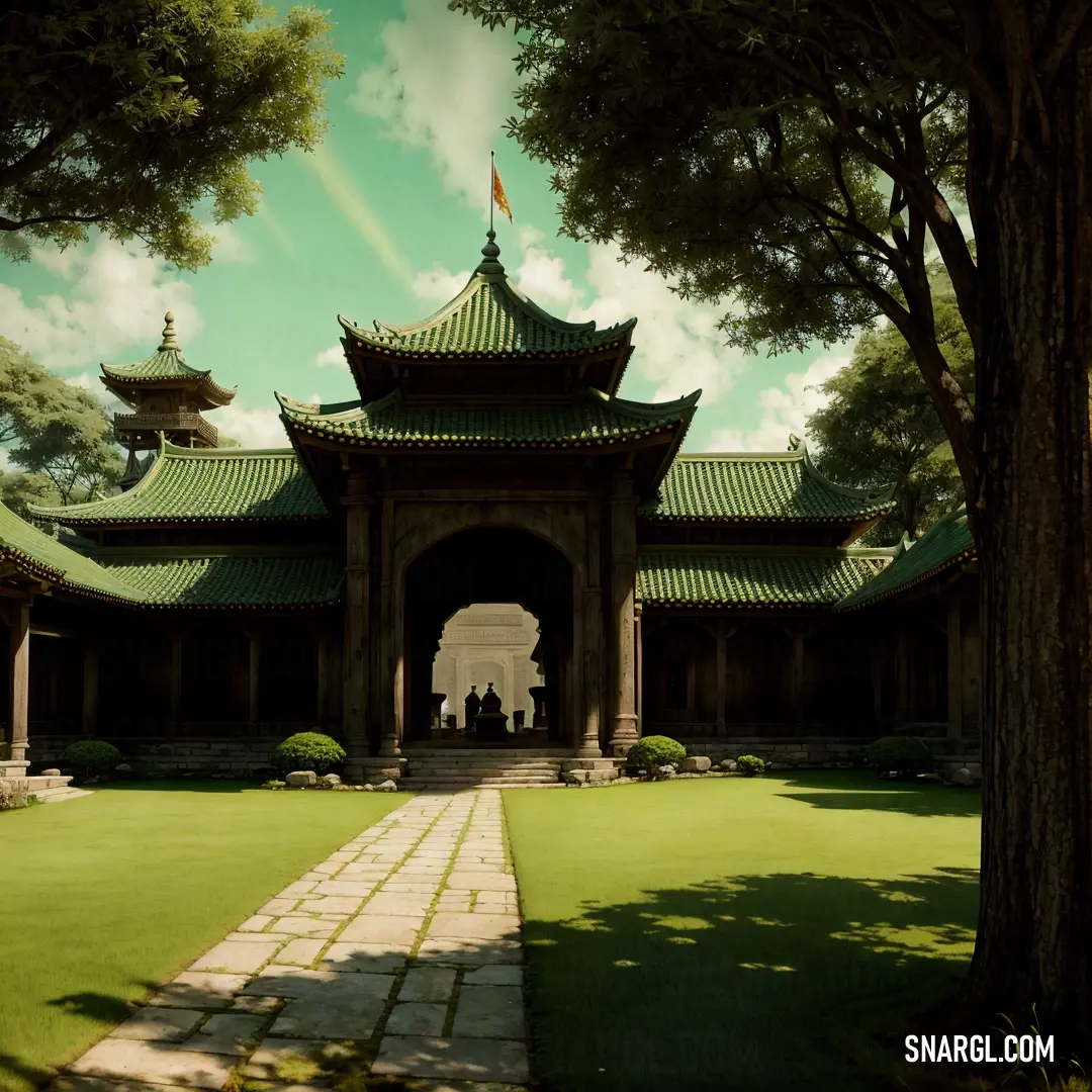 A large building with a green roof and a walkway leading to its entrance. The soft PANTONE 101 color gives the image a calm, inviting atmosphere, with the architecture blending naturally into its surroundings.