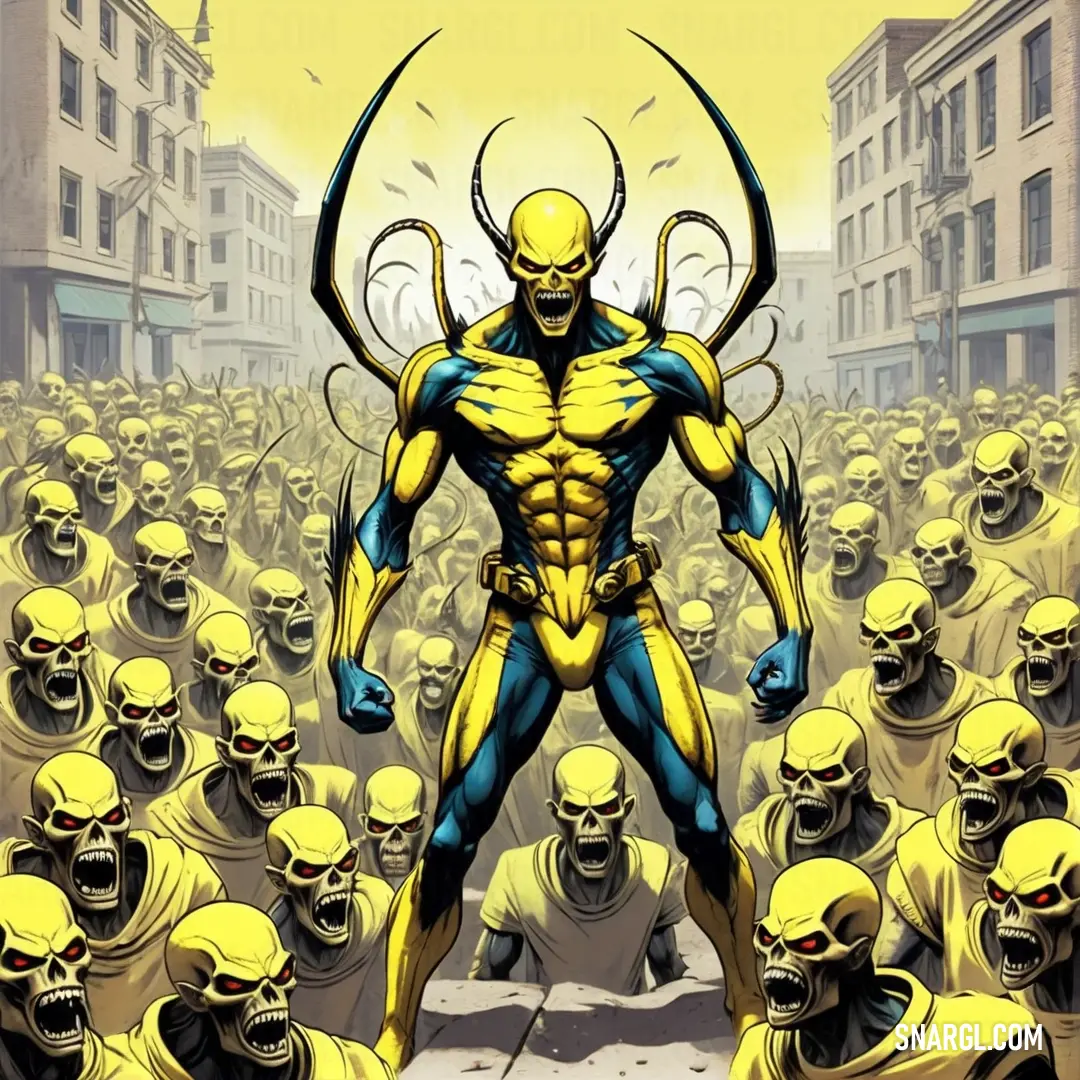 Man standing in front of a crowd of yellow men with a giant head and a yellow body with horns