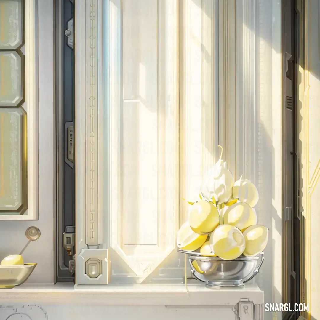 A charming painting of a bowl filled with ripe bananas, sitting atop a wooden shelf. In the background, a mirror reflects the room, and a door leads to the unknown, creating a cozy, inviting atmosphere.