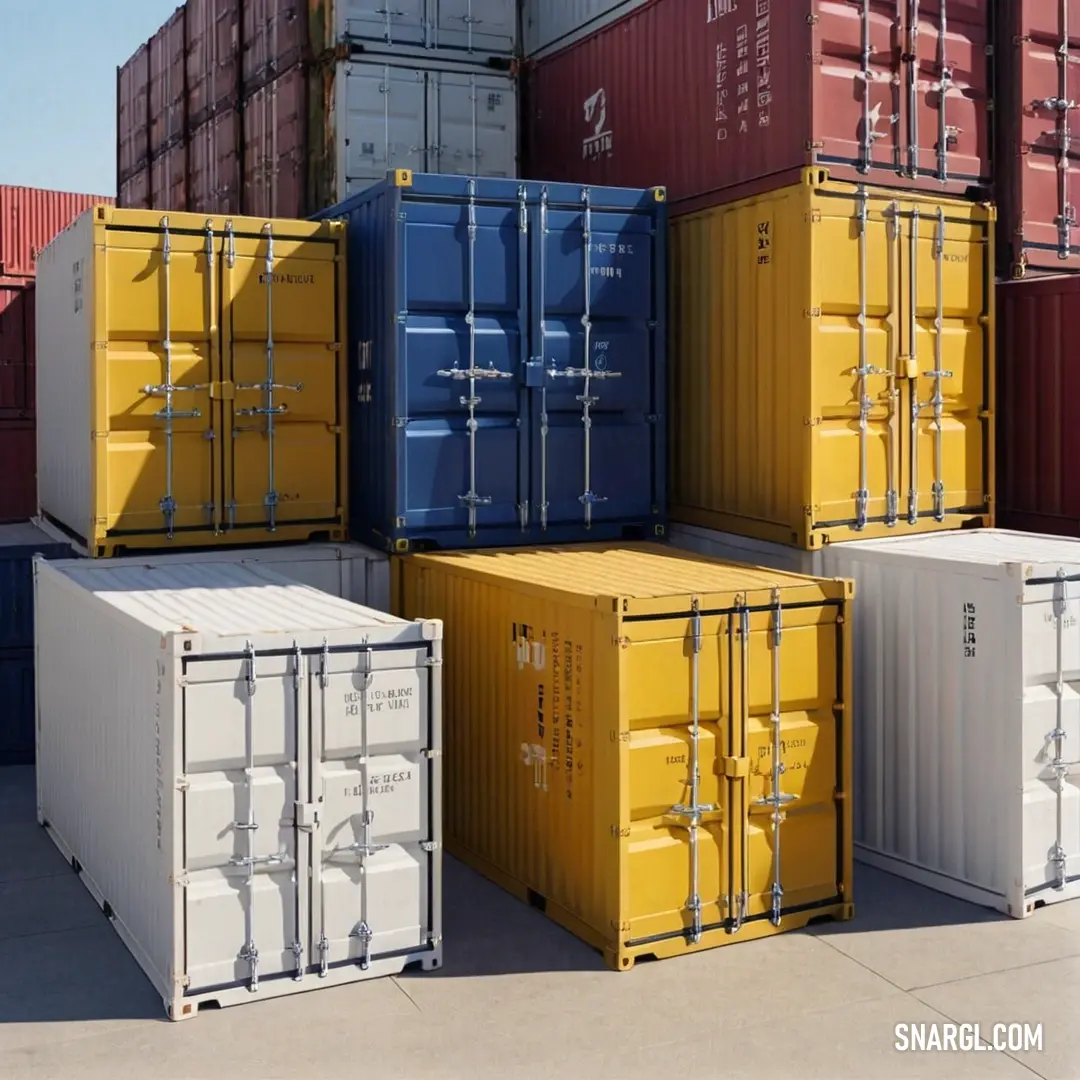 A stack of containers is arranged in a parking lot with a wide sky in the background. The bright yellow hue of the containers contrasts against the clear blue sky, creating a striking industrial landscape that feels open and expansive.