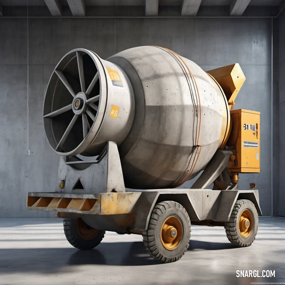 A striking cement truck, laden with a large concrete cone, stands proud against a backdrop of industrial architecture, epitomizing strength and the artistry of construction.