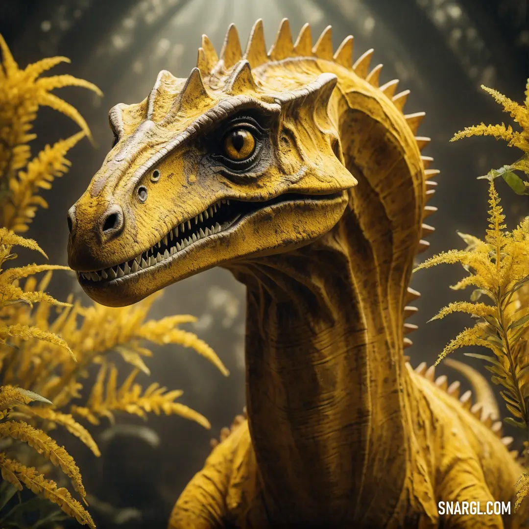 A toy dinosaur sits in a field of plants and flowers, with sunlight filtering through the leaves. The yellow tones of the scene, along with the playful figure of the dinosaur, evoke a sense of warmth and wonder in a natural setting.