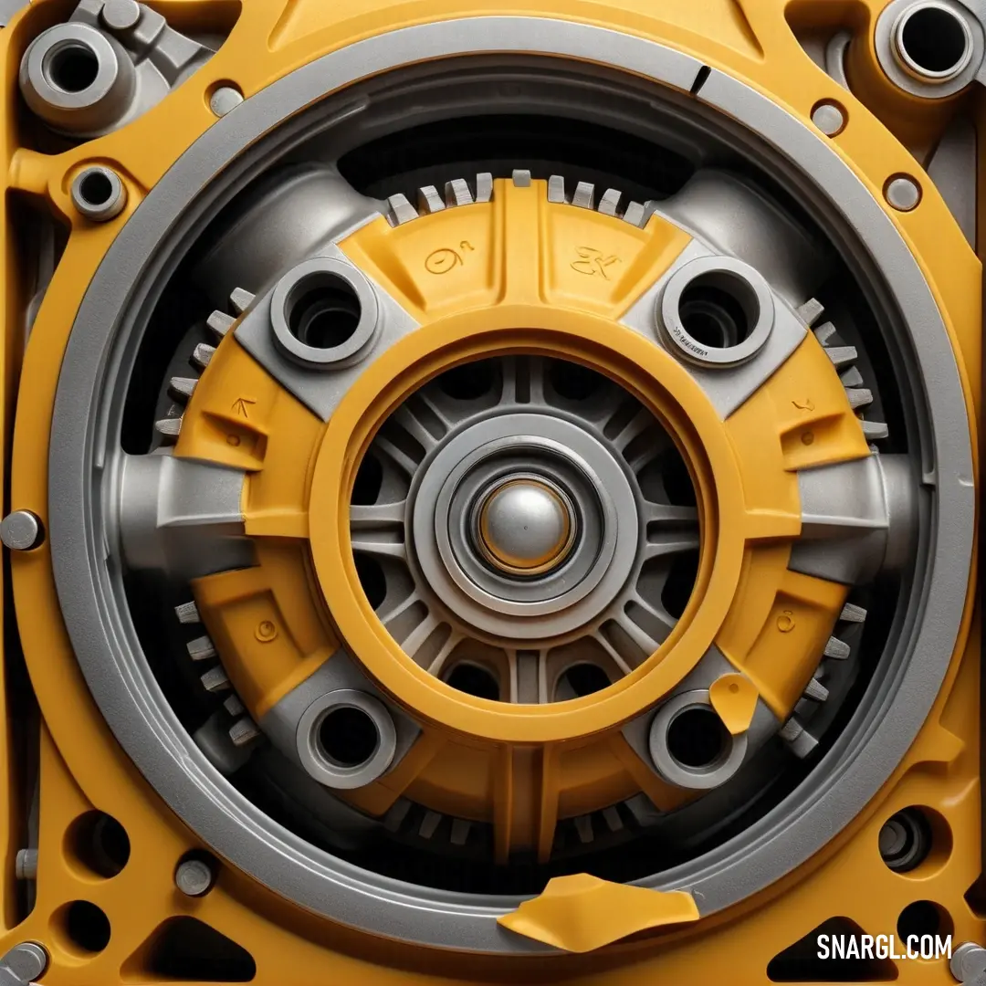 An intriguing close-up of a yellow and gray machine part resting on a striking black and white background, highlighting the fine details of its design. The composition accentuates industrial aesthetics and engineering elegance.