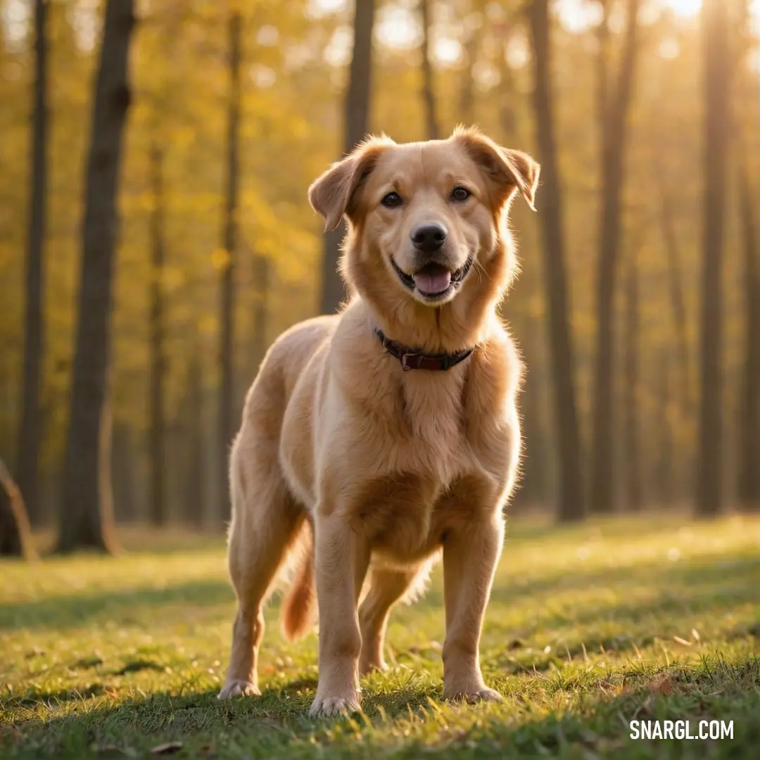 A joyful dog stands in lush grass, basking in sunlight with its collar shining, surrounded by verdant trees that bring life to the outdoors and evoke a sense of freedom and happiness.