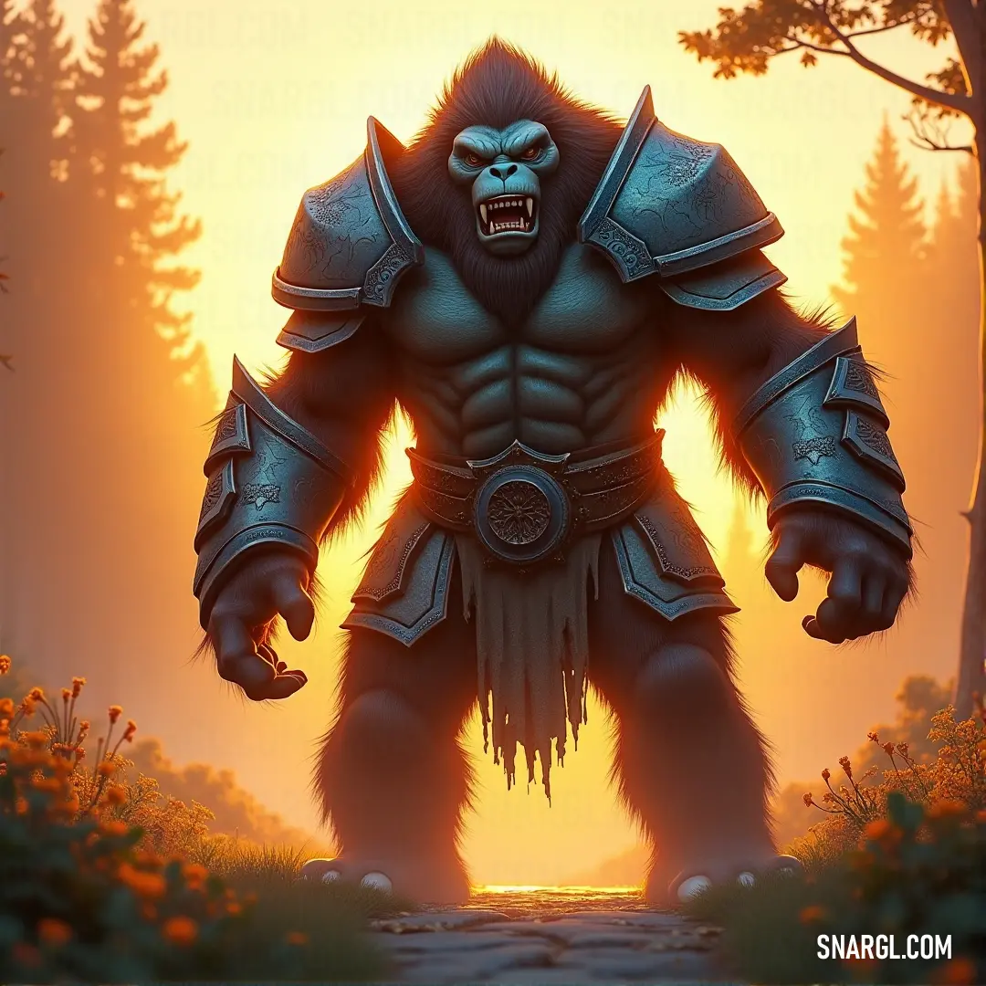 A massive gorilla exudes raw power, dominating the twilight forest with its immense presence. The golden hues of sunset contrast against its dark, muscled frame, creating a stunning silhouette against the backdrop of ancient trees.