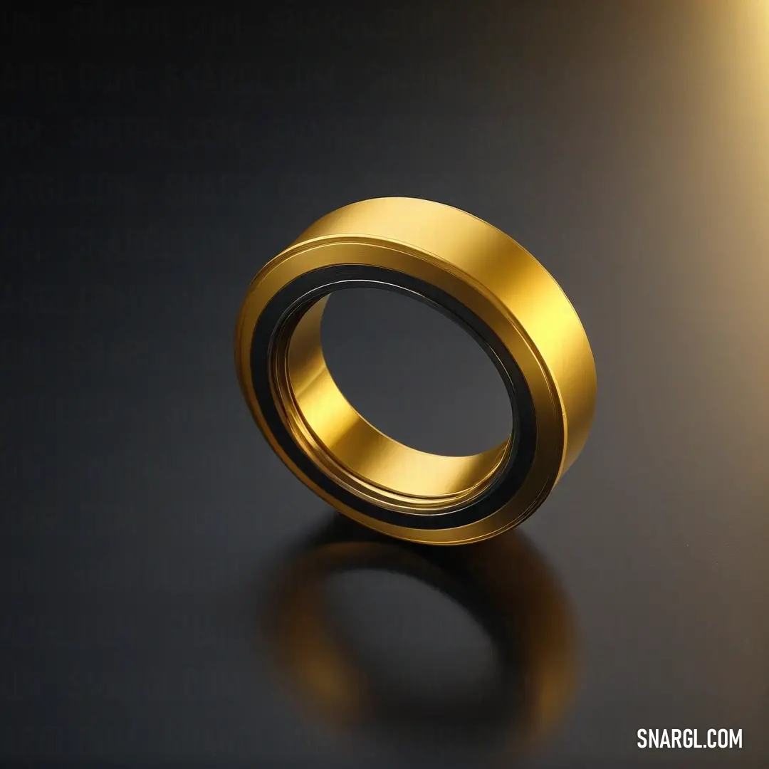 A magnificent gold ring featuring a striking black center lies gracefully on a sleek black surface, highlighted by a radiant light that creates a mesmerizing reflection. This luxurious piece captivates with its bold and sophisticated design.