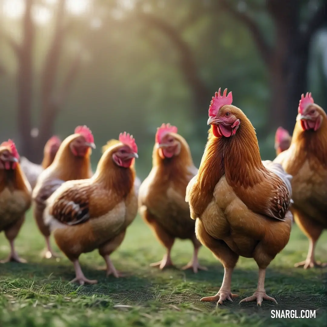 A lively group of chickens gathers comfortably atop a lush green field, surrounded by vibrant trees and grass, as the bright sun beams down, casting cheerful light over their natural habitat. They embody the rustic charm of farm life.