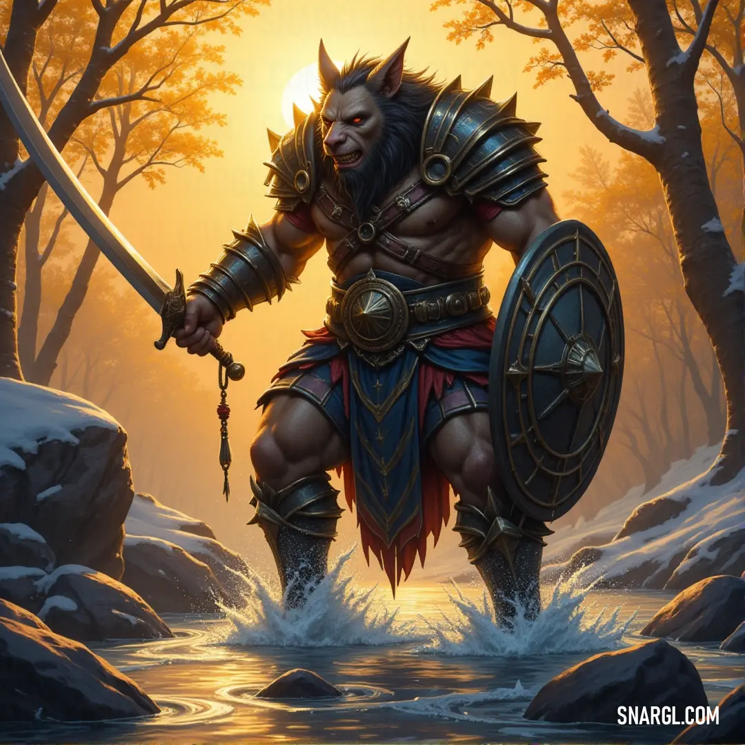 A heroic figure in shining armor stands poised in the river, sword and shield at the ready. Beautiful trees frame the scene, bathed in a soft, golden light that adds a touch of enchantment to the moment.