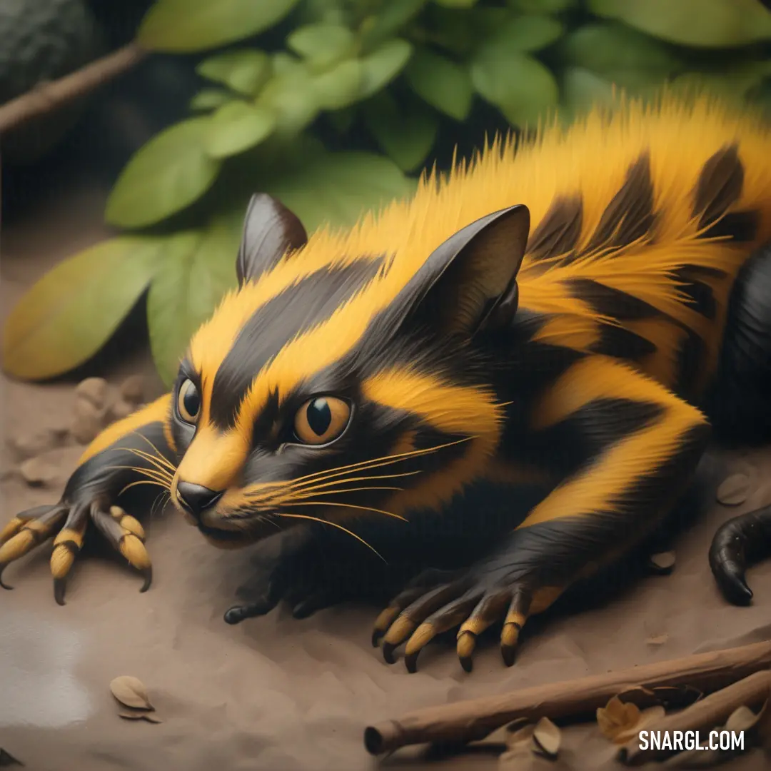 A beautifully painted striped cat reclines on a rock, surrounded by vibrant leaves and twigs. Rich colors and playful forms create a lively scene evoking a sense of peace and connection with nature.