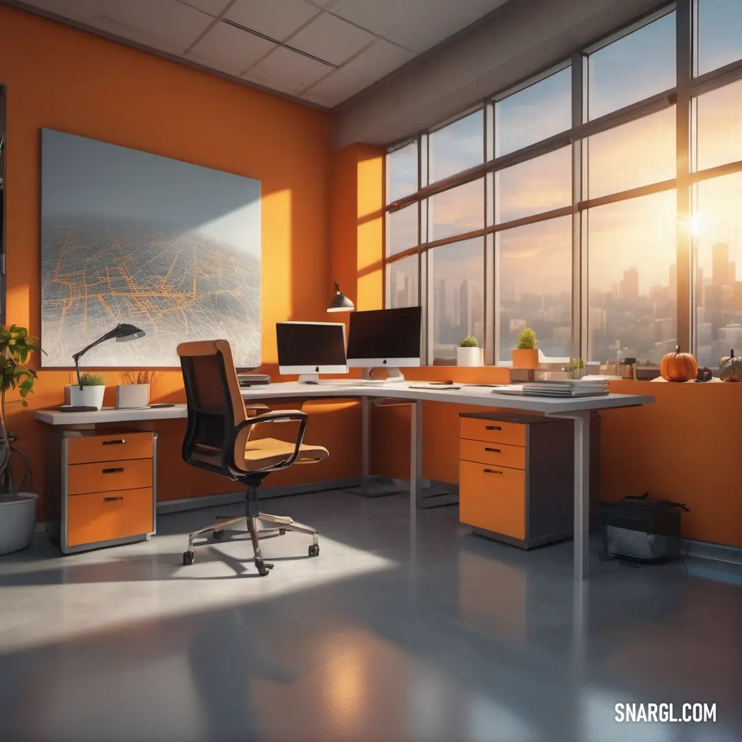 A cozy room is bathed in soft light, featuring a desk and a chair by a window that frames a stunning city view. The inviting scene encourages creativity and inspiration, perfect for reflection or work.