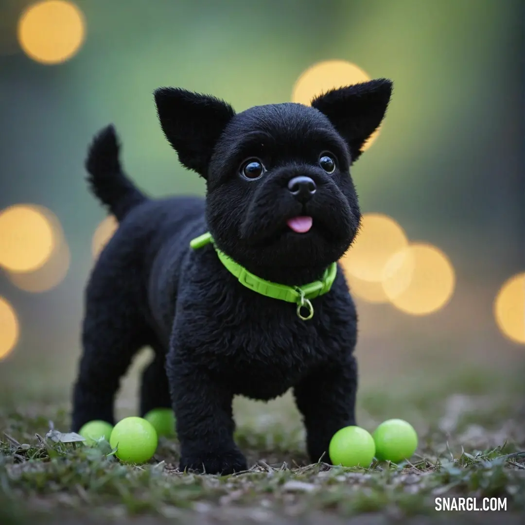 A charming small black dog stands out on a vibrant field of green balls, proudly displaying a bright green collar that combines playfulness and joy in a whimsical setting.