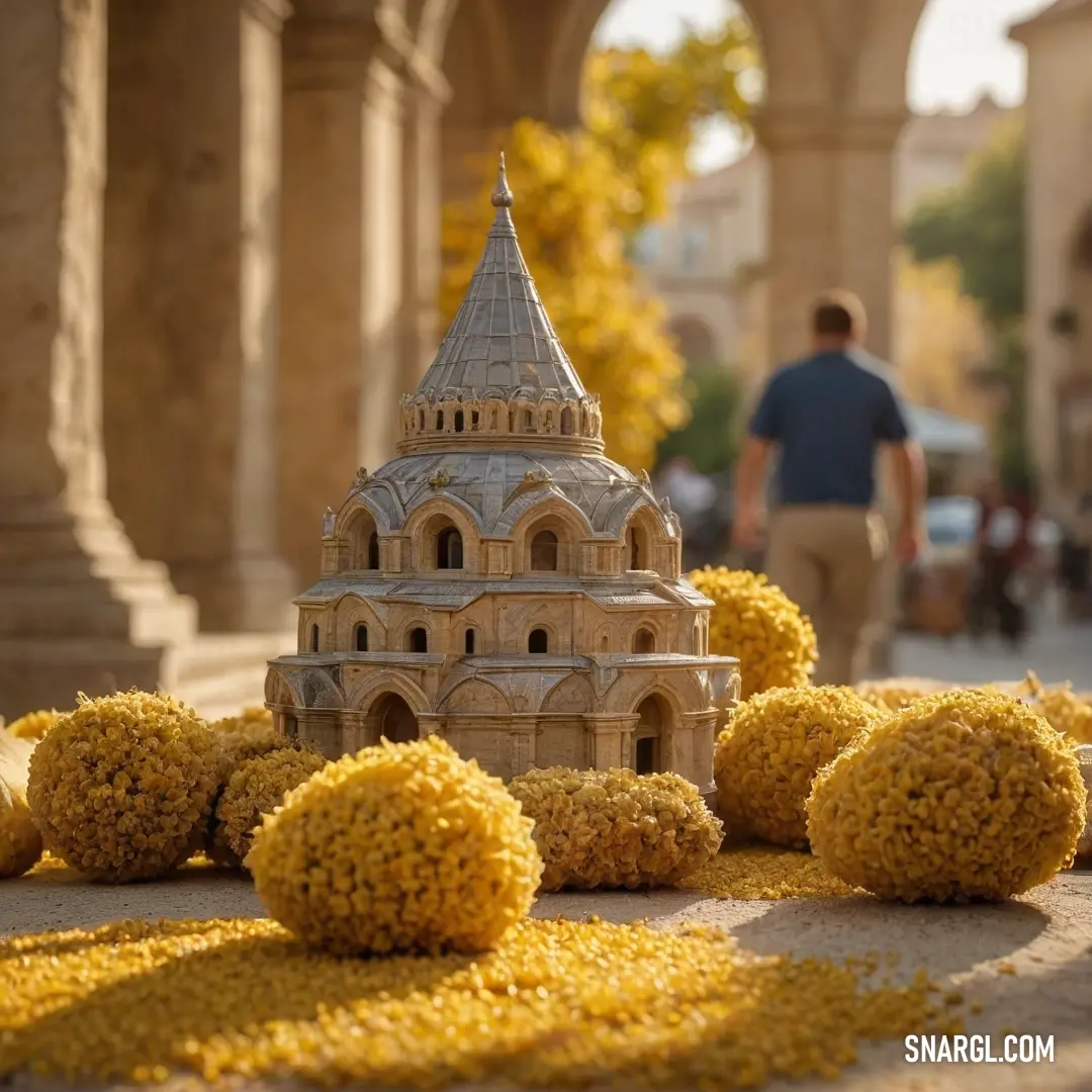 A charming miniature building surrounded by vibrant yellow flowers, with a passerby strolling leisurely by, evoking a sense of serenity and picturesque beauty in a quaint setting.