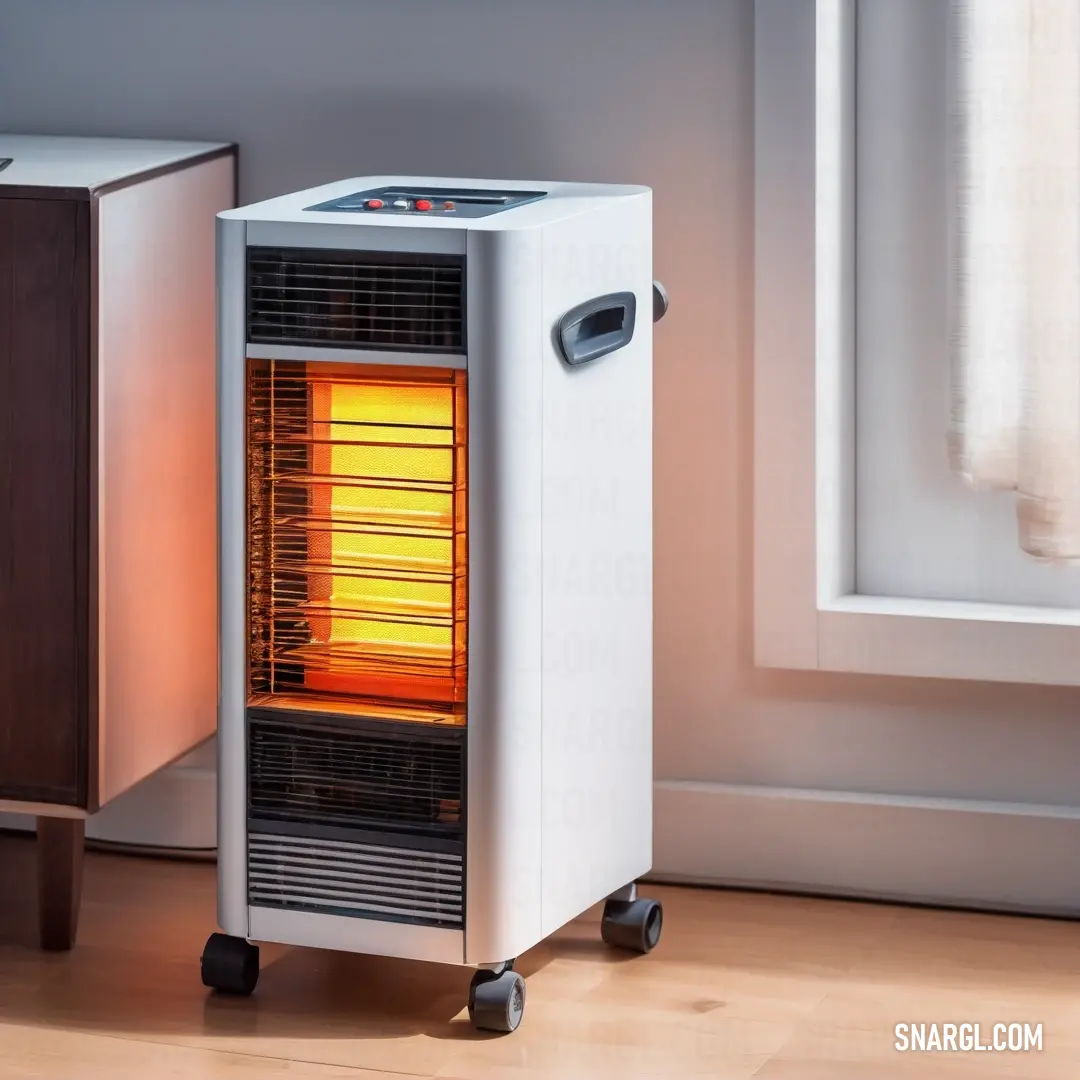 A small white heater situated on a rustic wooden floor, illuminated by natural light streaming through a window. The combination of warm colors and textures creates a calming ambiance, perfect for a cozy nook.