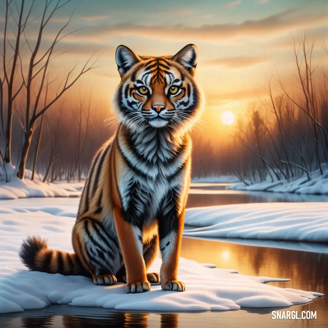 A solitary tiger perches on an ice slab, surrounded by soft snow as the sun sets in the background. The warm golden tones of the sunset contrast with the cool colors of the ice, creating a serene yet stunning scene.