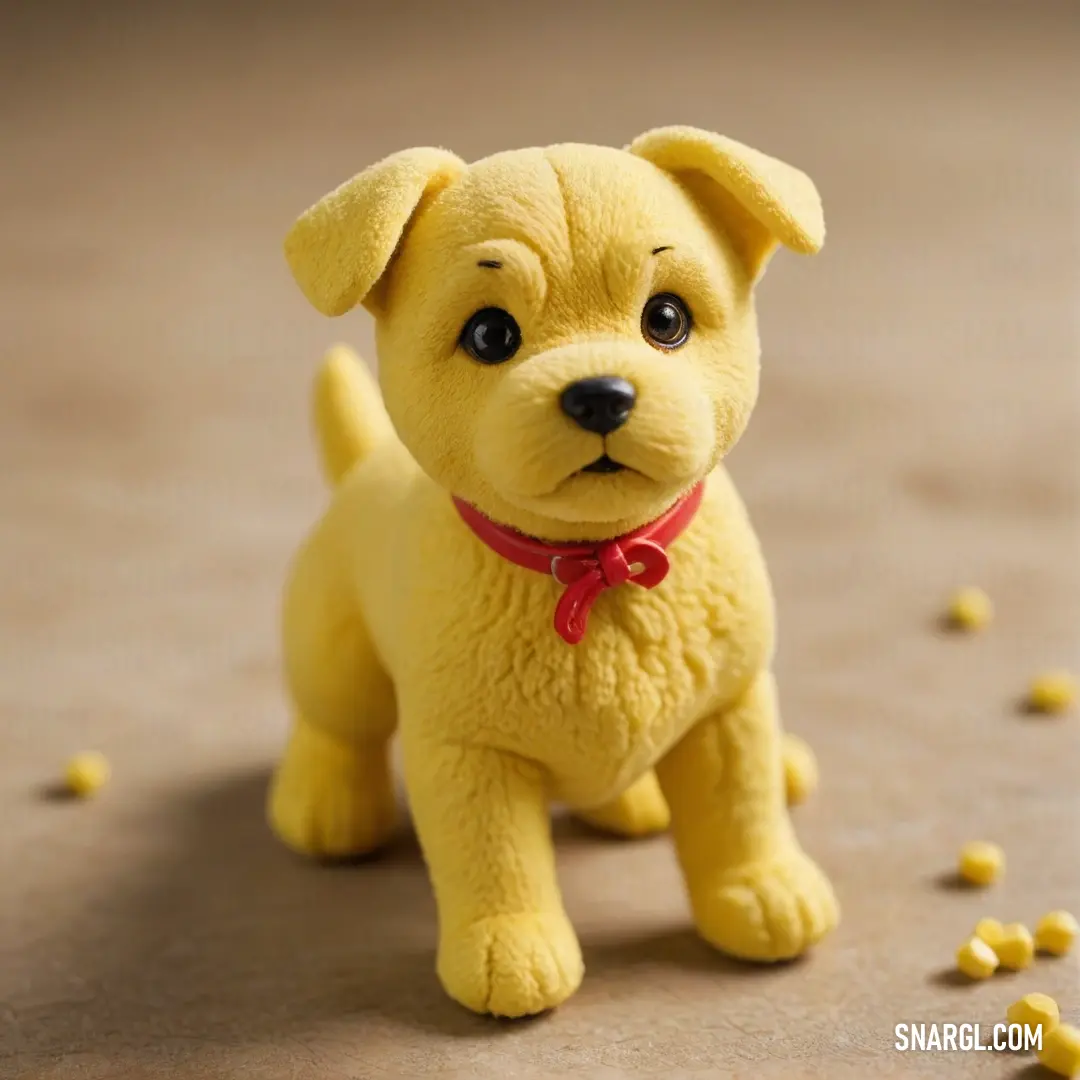 A playful yellow dog toy with a vibrant red collar and a charming bow tie is surrounded by scattered corn, creating a delightful and whimsical atmosphere perfect for a pet-friendly scene.