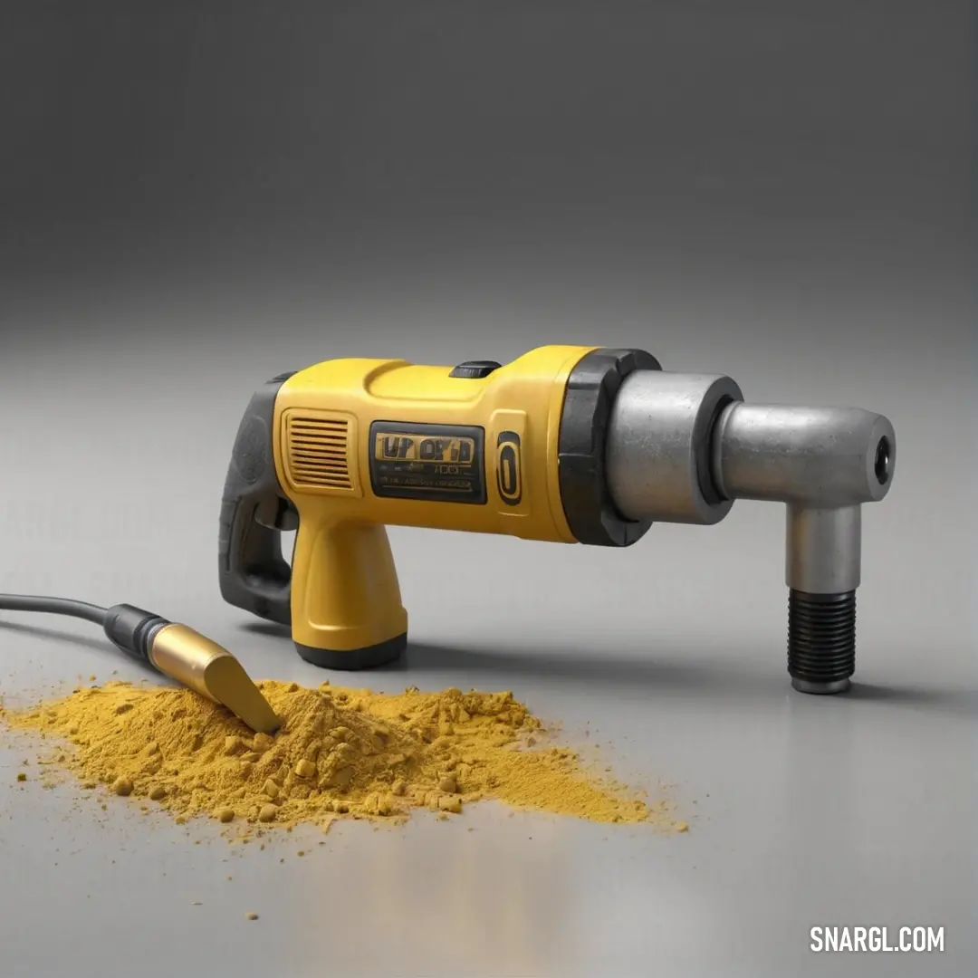 A yellow drill lays on a table next to a yellow screwdriver and a pile of dirt, all set against a neutral background. The bright yellow tools stand out, giving the image a bold, industrial feel with hints of rugged work.