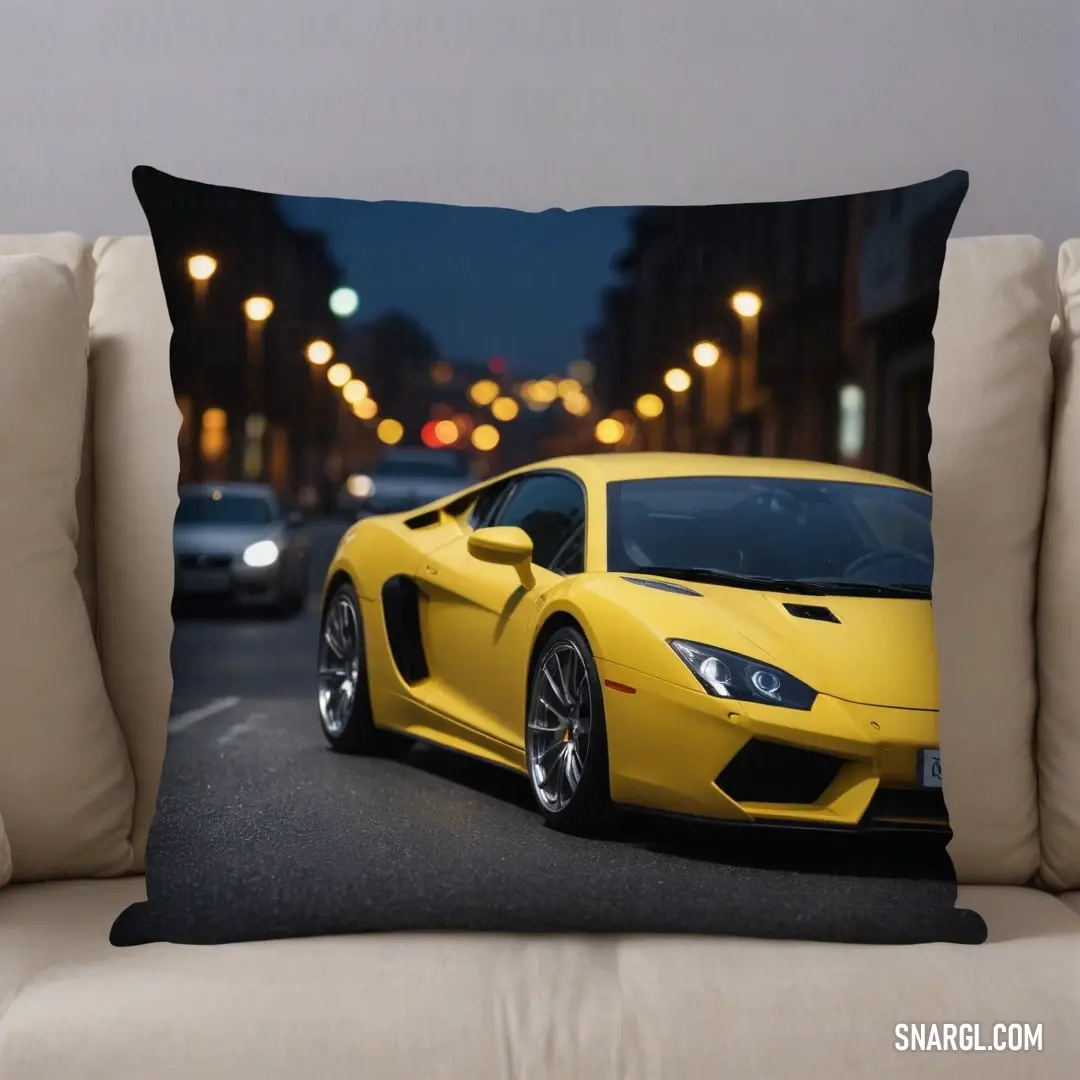 A stunning yellow sports car is viewed on a vibrant city street at night, with bright city lights reflecting off its glossy surface, embodying the essence of excitement and adventure.