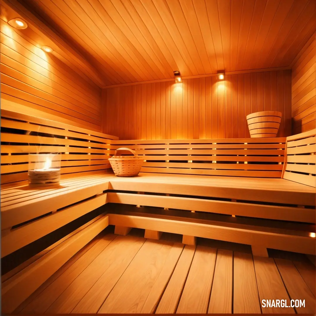 A bright sauna room with a warm wooden floor, featuring a basket adorned with glowing lights on the wall, enveloping the space in a cozy, PANTONE 101 ambiance that invites relaxation and unwinding.