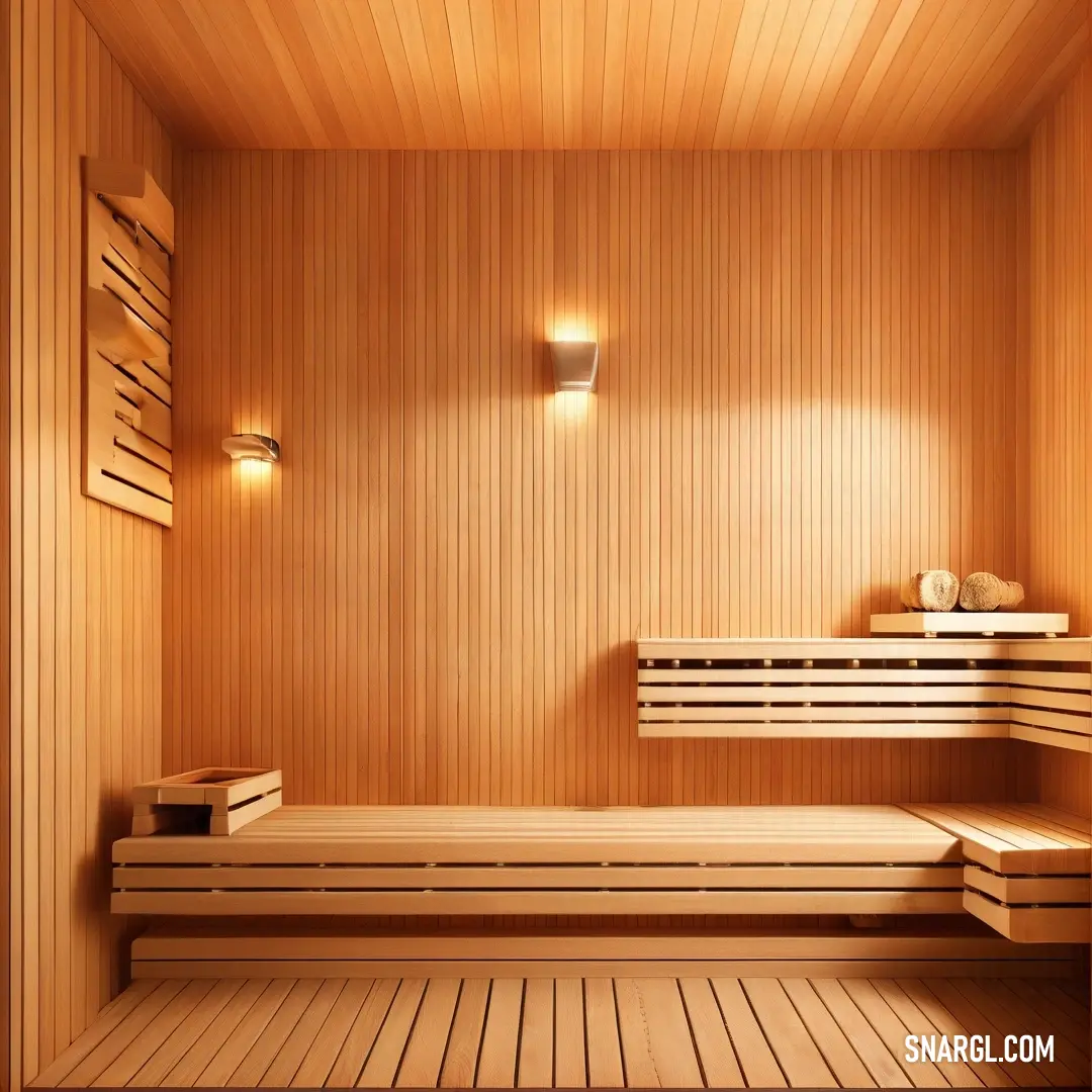 A tranquil sauna with a spacious bench and a well-organized shelf adorned with flickering candles, accompanied by a classic clock elegantly displayed above, radiating a sense of peace with the color CMYK 0,0,68,0.