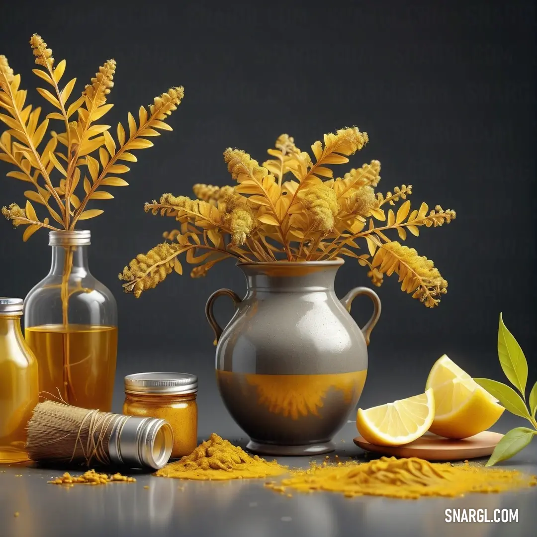 A charming still life composition featuring a vase alongside vibrant lemons and essential accessories for crafting a refreshing lemonade drink, exuding summer's zest and vitality.