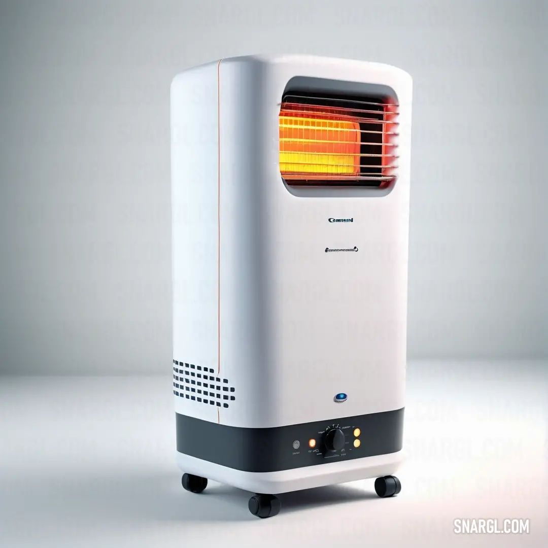 A modern white heater perched atop a table, next to a sleek wall-mounted heater on wheels, both featuring warm light glowing in the backdrop. The harmonious blend of functionality and aesthetic complements the room's design flawlessly.