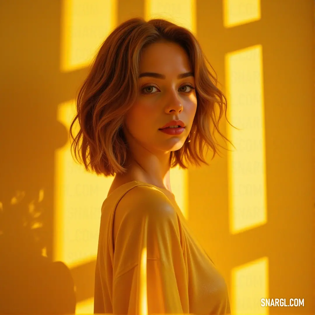 A stylish woman with a chic bobble haircut is framed by the vibrant ambiance of a yellow room, highlighting the warmth and brightness of PANTONE 101 color. Her expression is confident as she poses elegantly against the wall.