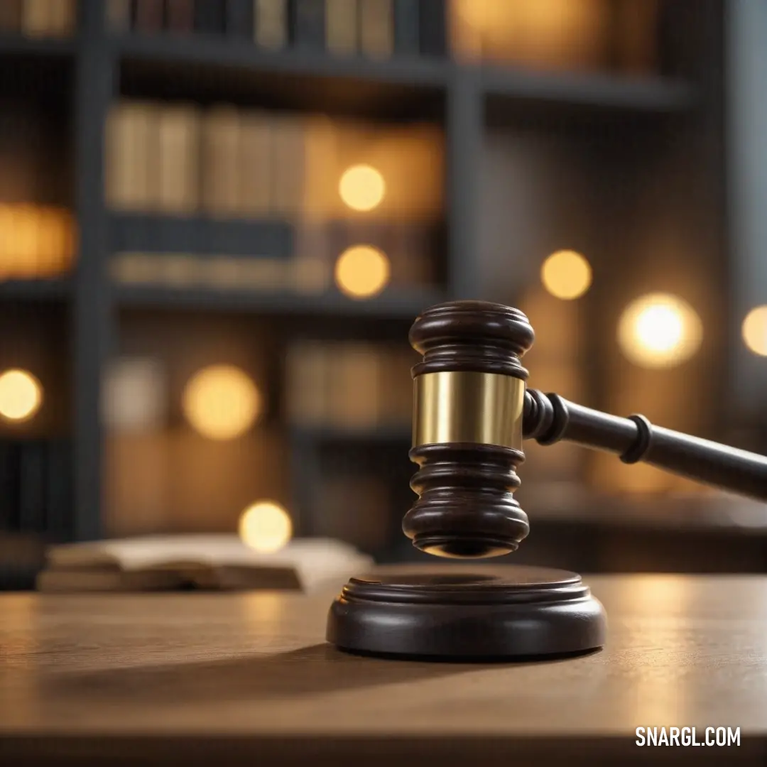 A stately wooden gavel rests on a polished table, positioned in front of a bookcase adorned with soft lights, conveying a sense of justice and authority in a warm, cozy setting.