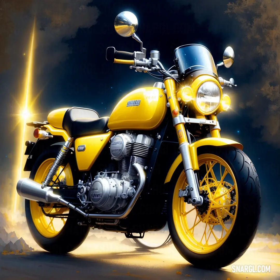 Yellow motorcycle parked on a sandy beach under a cloudy sky with a bright yellow light shining on the bike