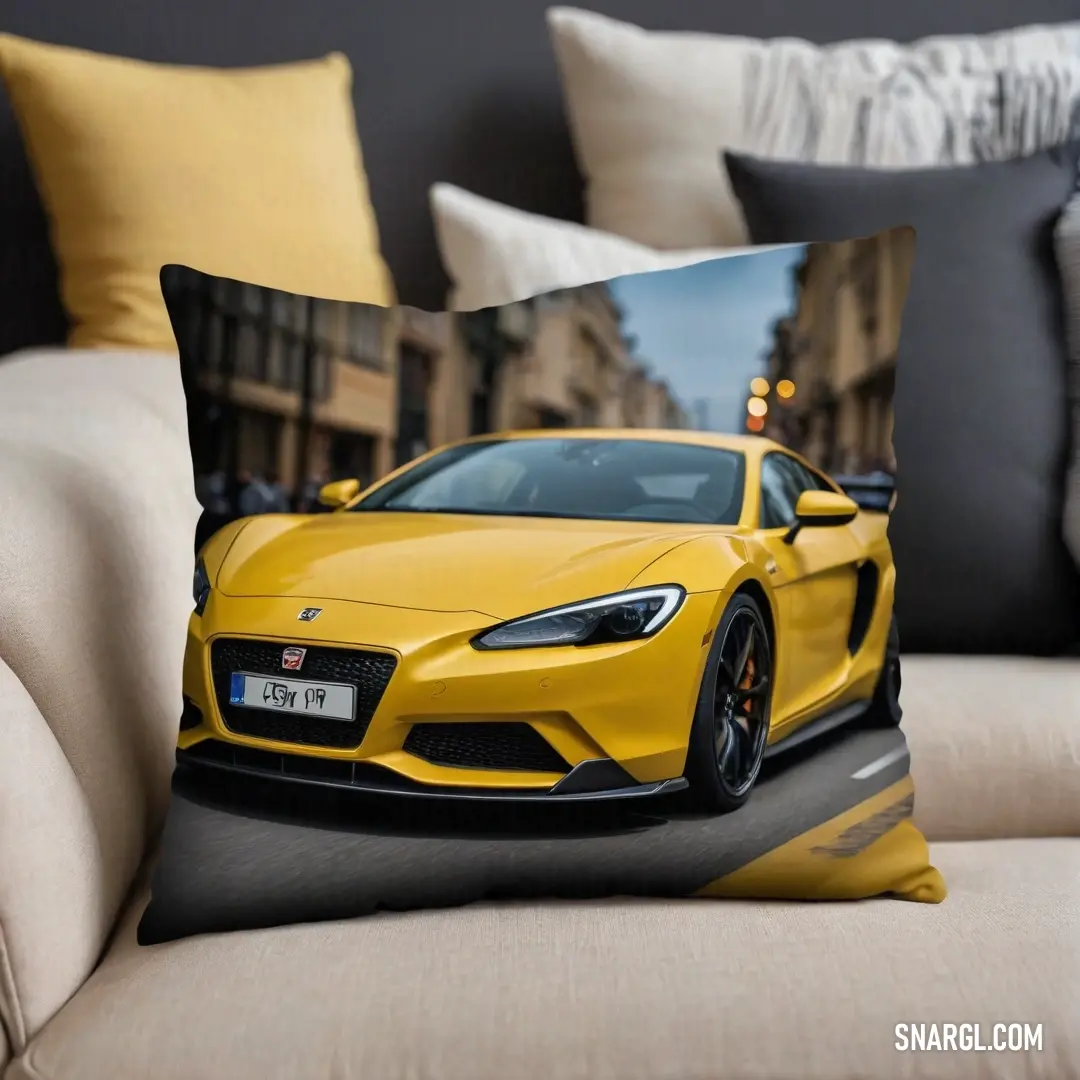 A vibrant yellow sports car is showcased on a cozy couch, draped over a stylish pillow cover that features a delightful city street design, giving a touch of urban flair to interior decor.