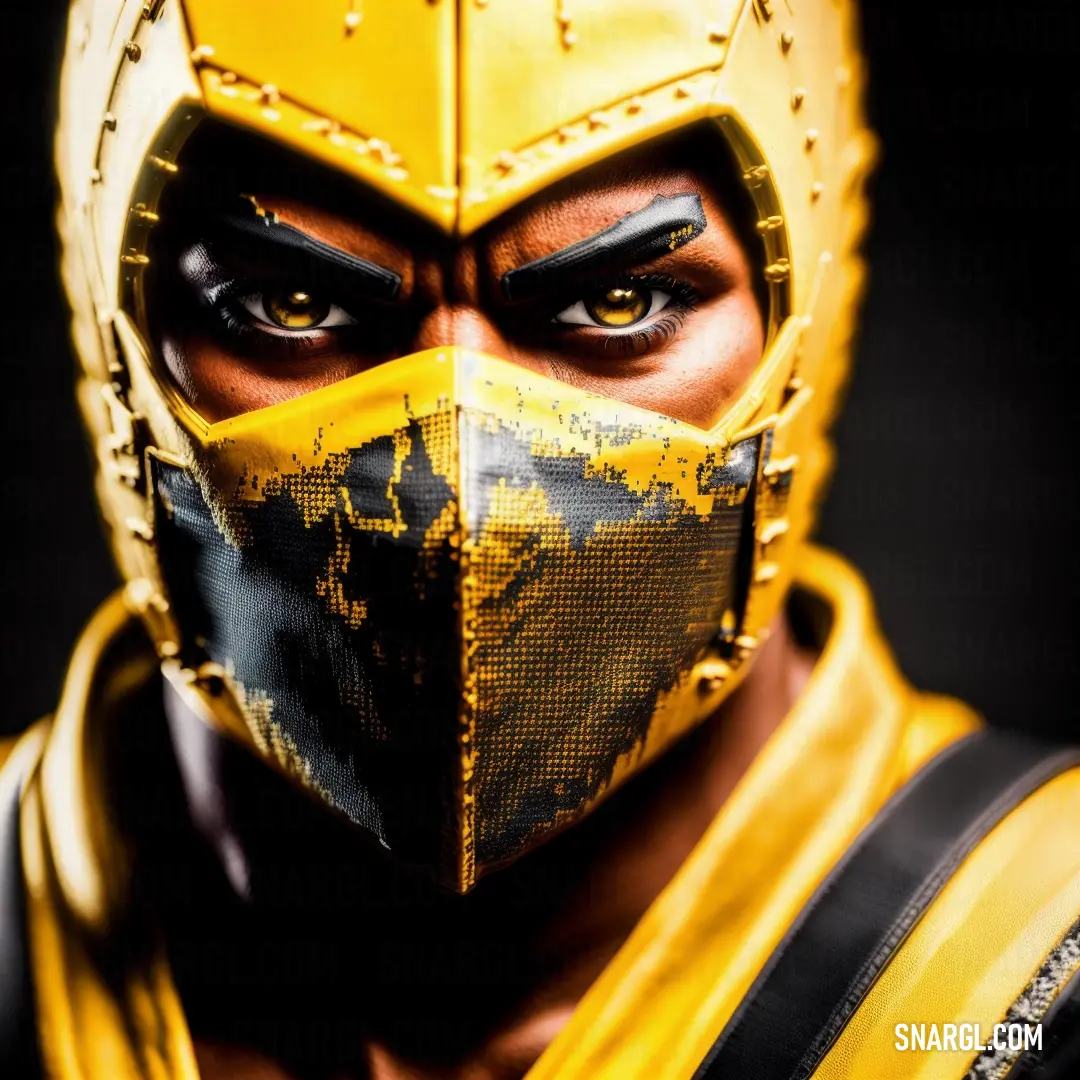 Man wearing a yellow mask and black face paint on his face and chest