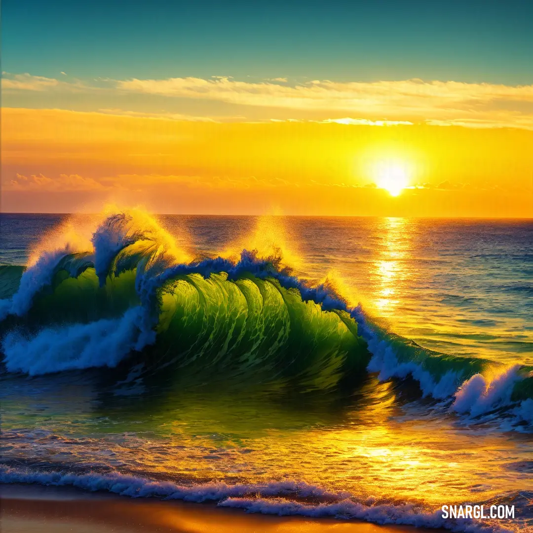 Painting of a wave crashing into the shore at sunset or sunrise time