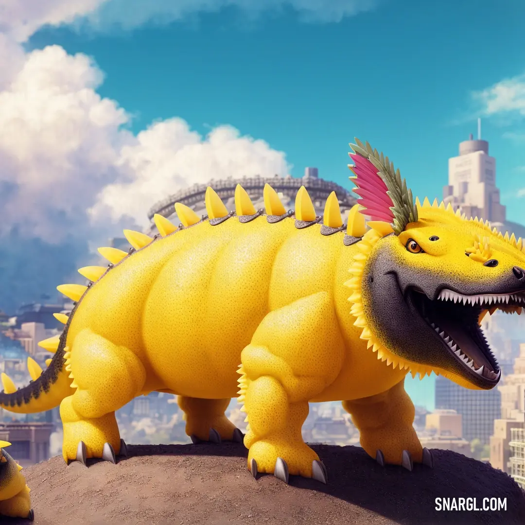 Yellow dinosaur with spikes on its head and a city in the background with clouds and blue sky in the foreground