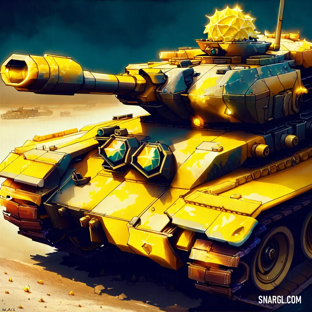 Yellow tank with a star on top of it in the desert with a sky background