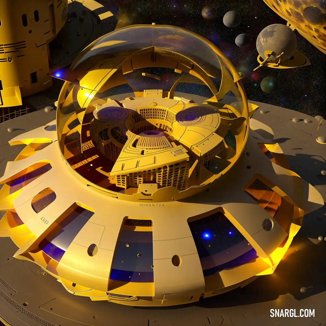 Futuristic space station with a large circular structure in the center of it