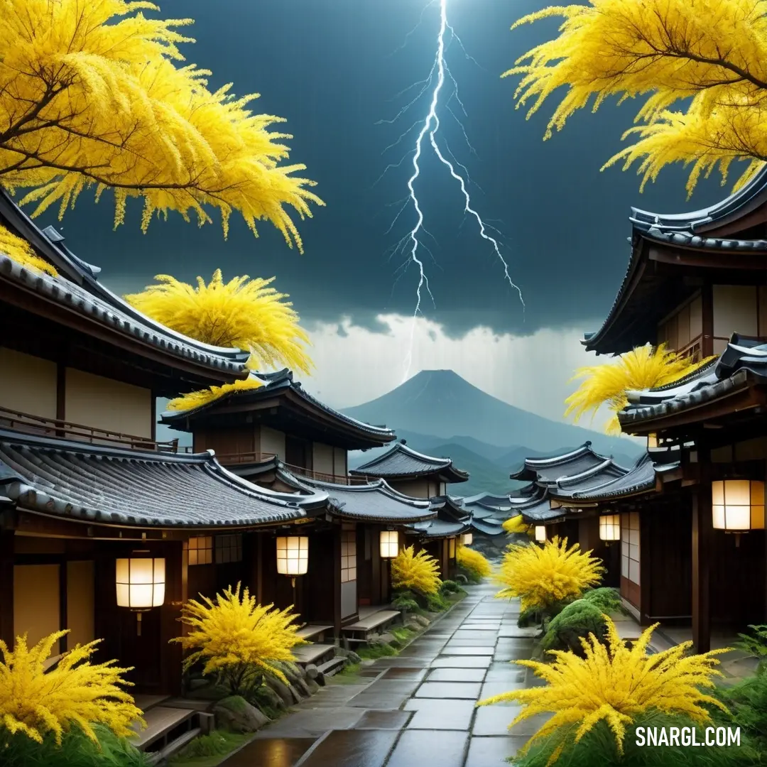 Lightning strikes over a japanese village with yellow flowers and trees in the foreground and a dark sky with a lightning bolt