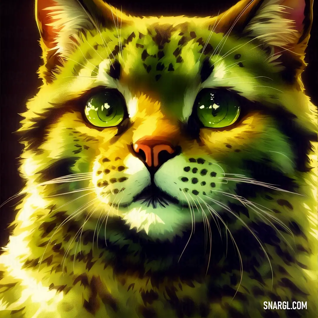 Painting of a cat with green eyes and a black background
