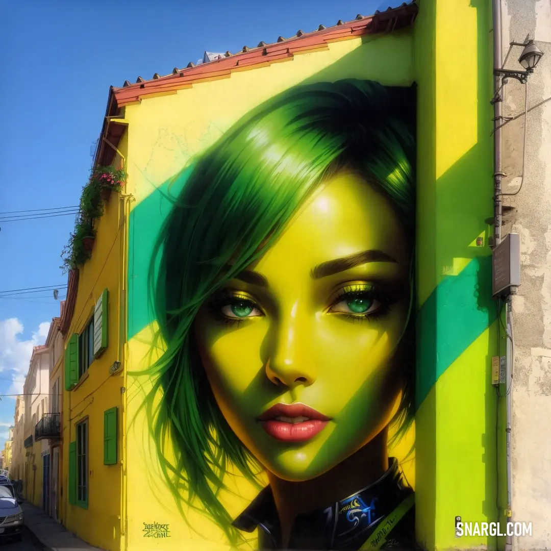 Painting of a woman's face on a yellow building with green hair and green eyes and a black jacket. Color RGB 208,188,0.