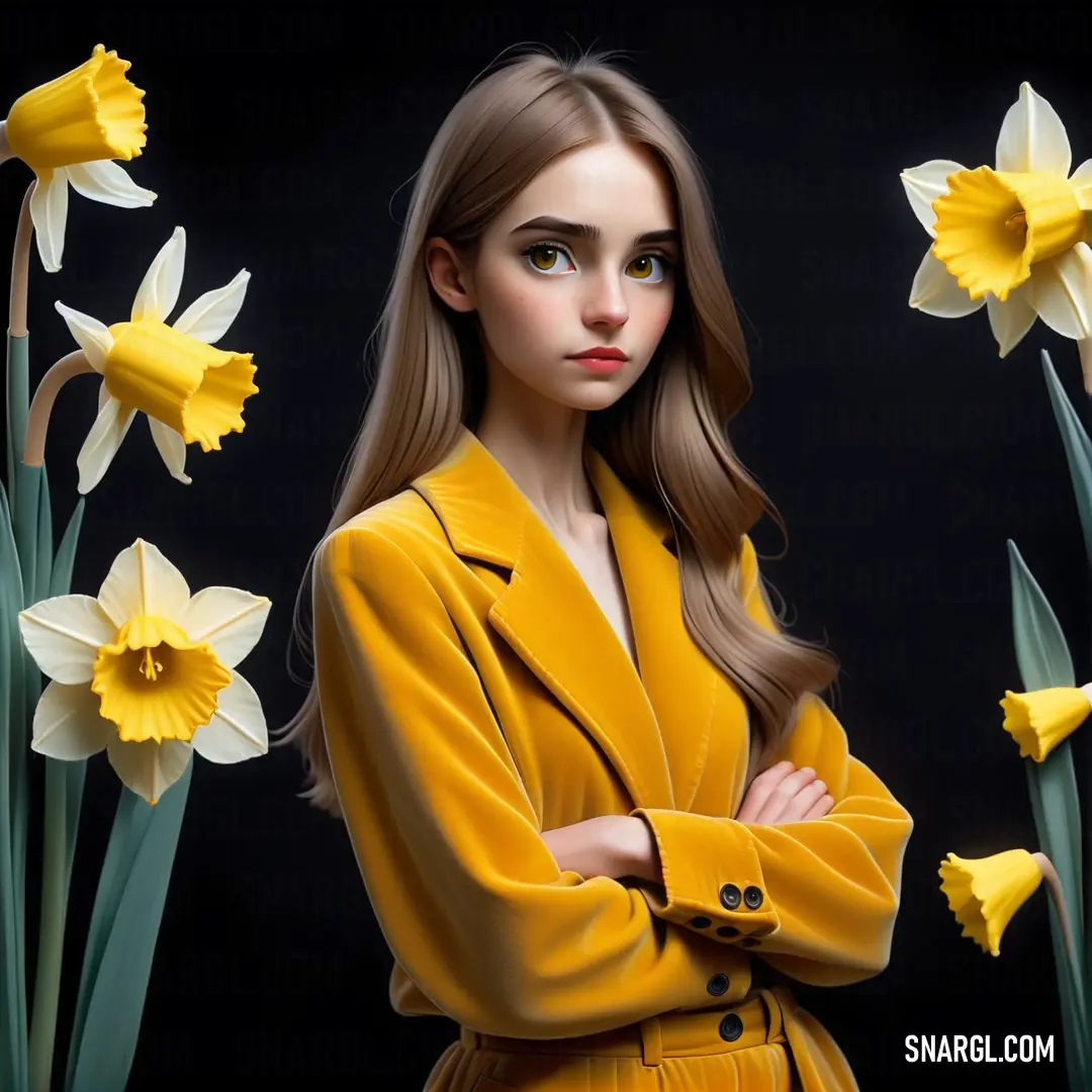 Woman in a yellow coat standing in front of daffodils with her arms crossed and her head tilted