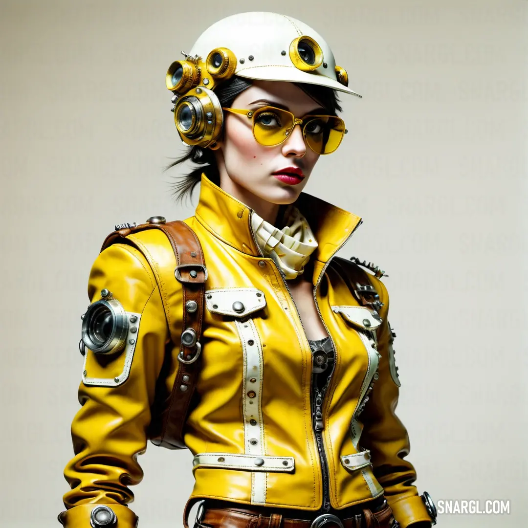 Woman in a yellow jacket and helmet with a camera on her head and a camera in her hand. Example of #D0BC00 color.