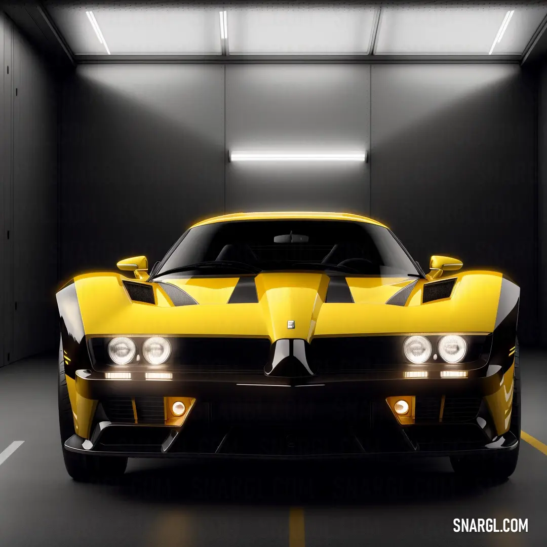Yellow sports car is parked in a parking garage with its lights on and a black stripe on the front. Color CMYK 5,5,100,16.