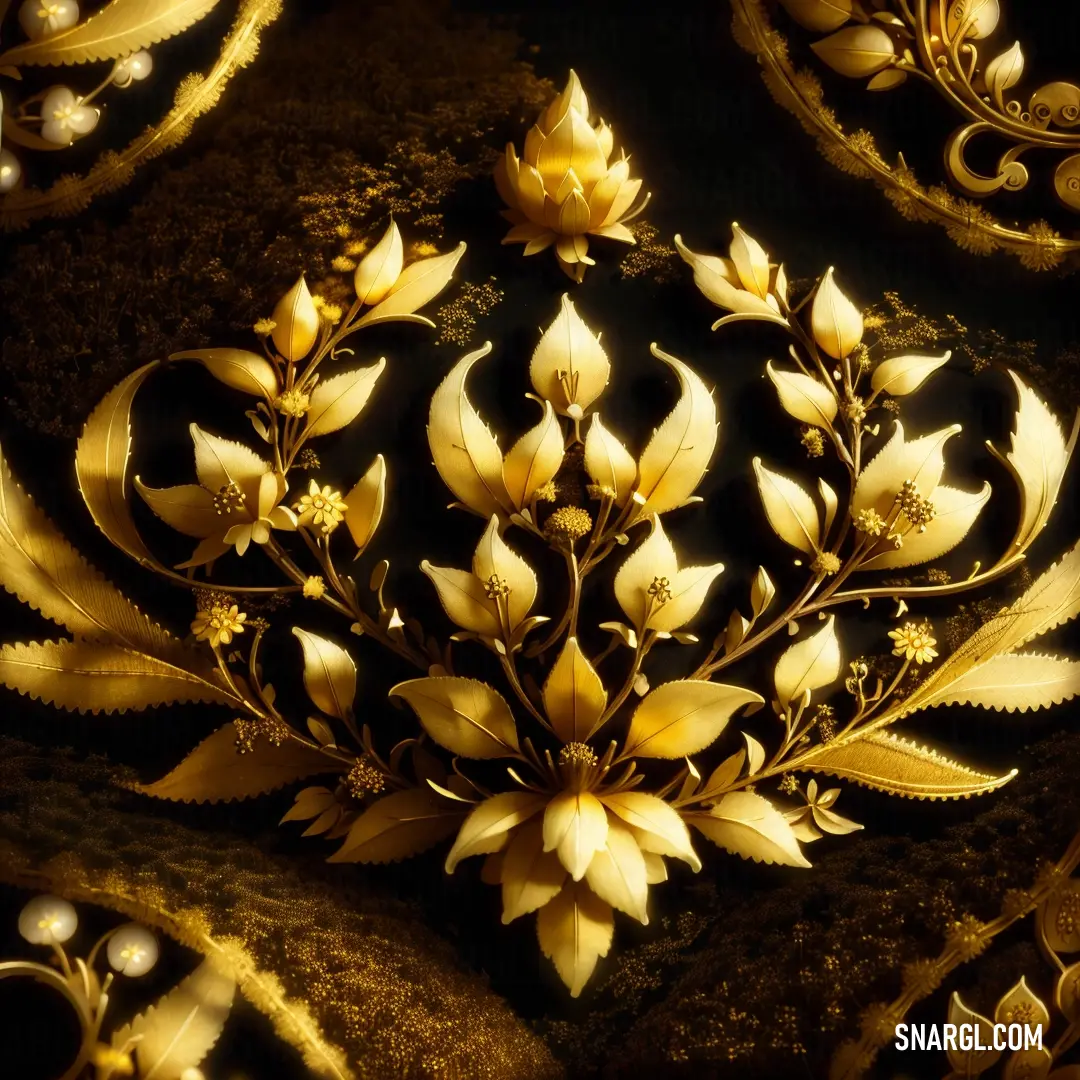 Gold and black floral arrangement on a black background with gold accents and pearls on the edges of the image