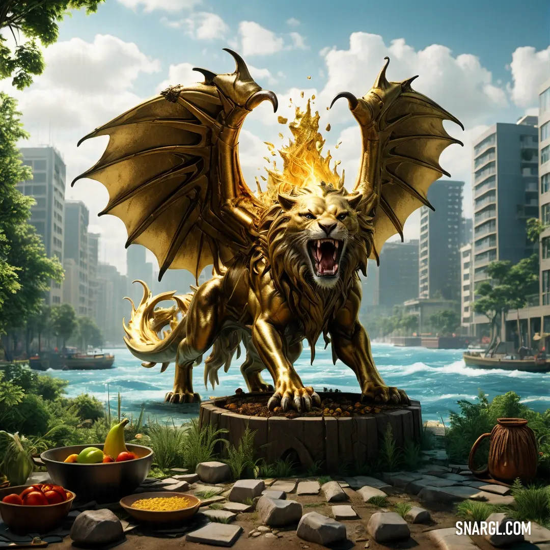 Golden dragon statue with a bowl of fruit in front of it and a cityscape in the background