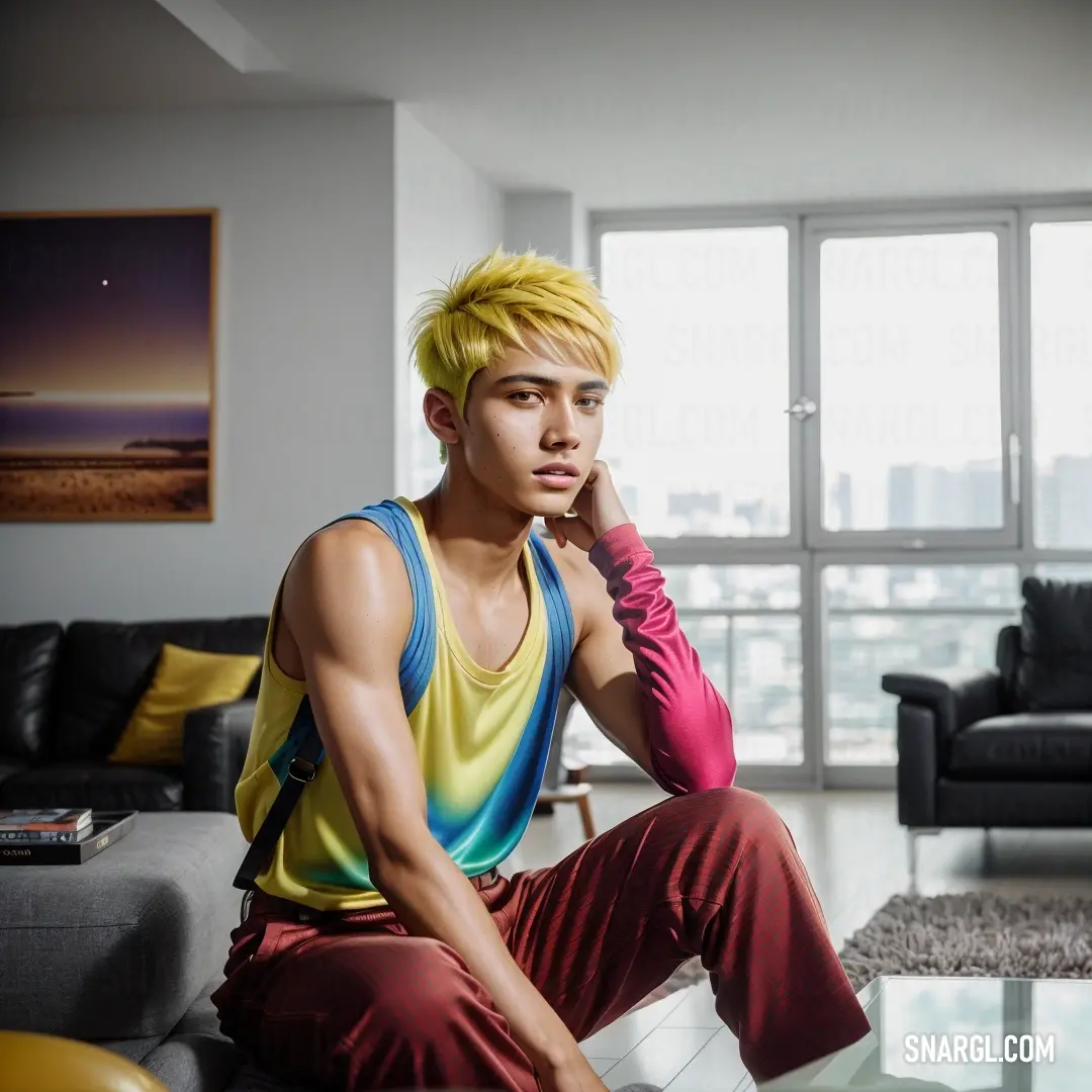 Man with yellow hair on a couch in a living room with a window behind him