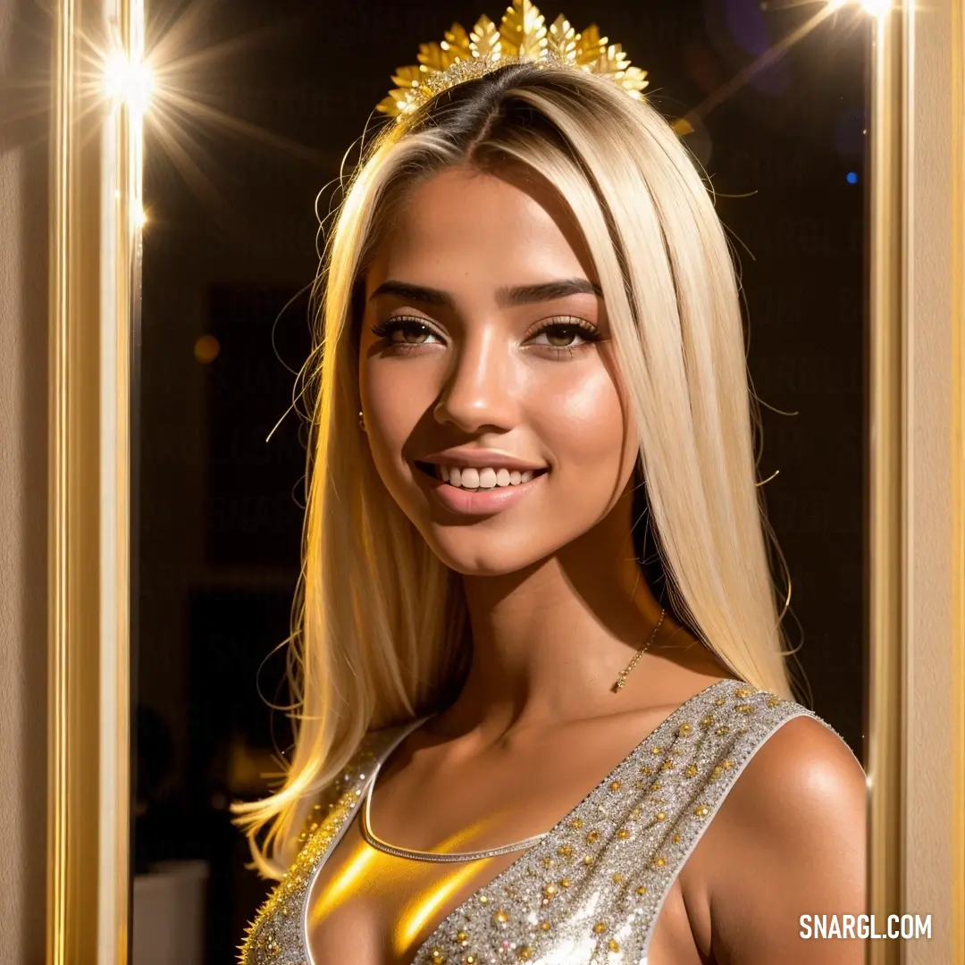 Woman with a tiara on her head and a mirror in the background with lights on it and a door