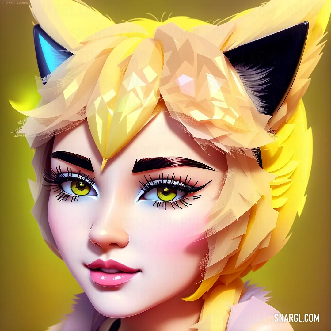 Digital painting of a woman with cat ears and yellow hair and green eyes with a cat's head