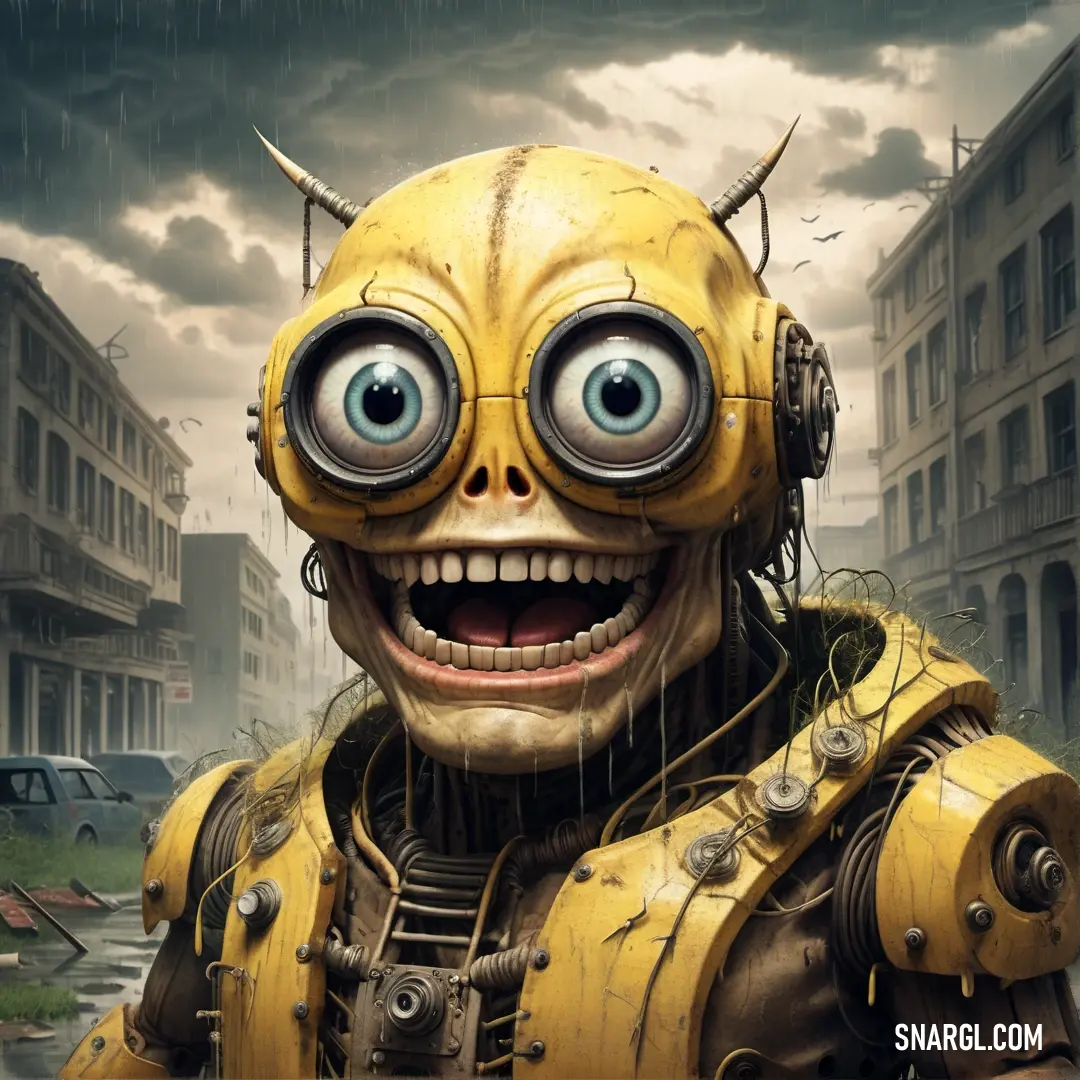 Robot with big eyes and a weird face in a city street with buildings and cars in the background